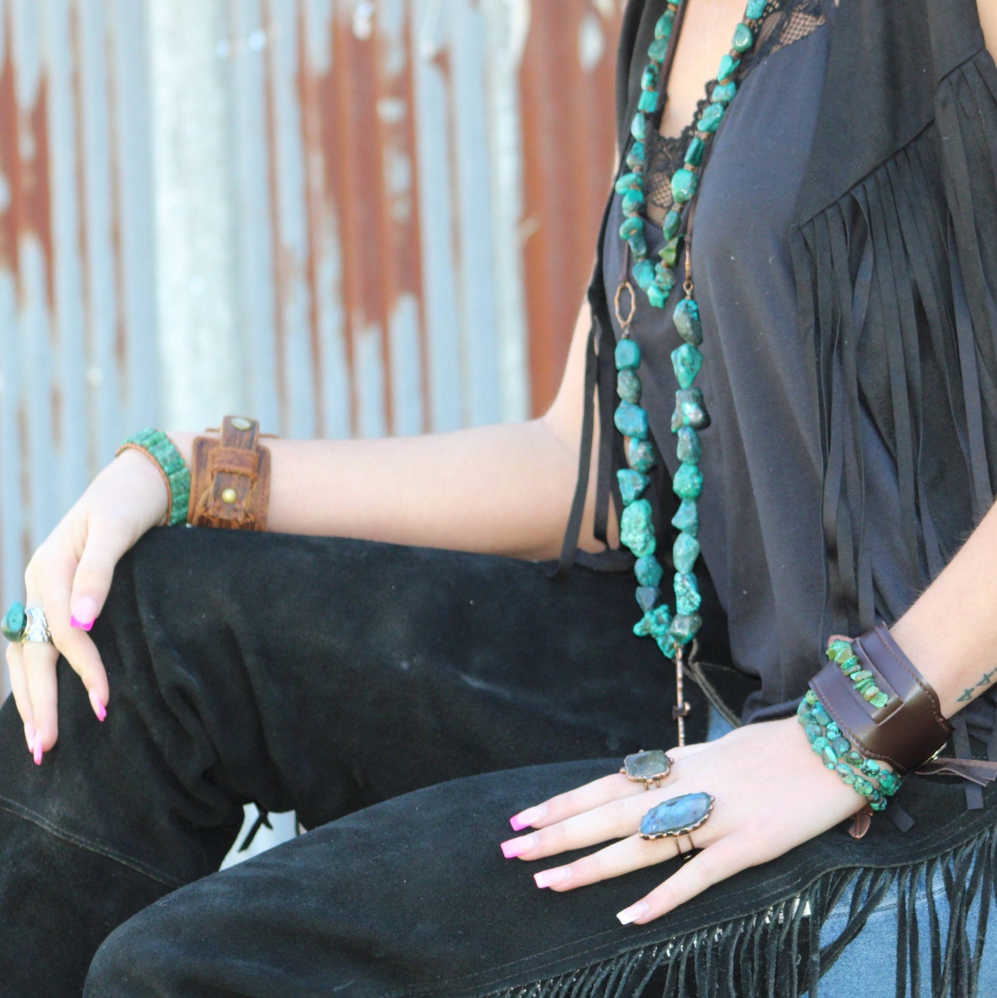 Wide Dark Leather Cuff with Natural Turquoise Chunks