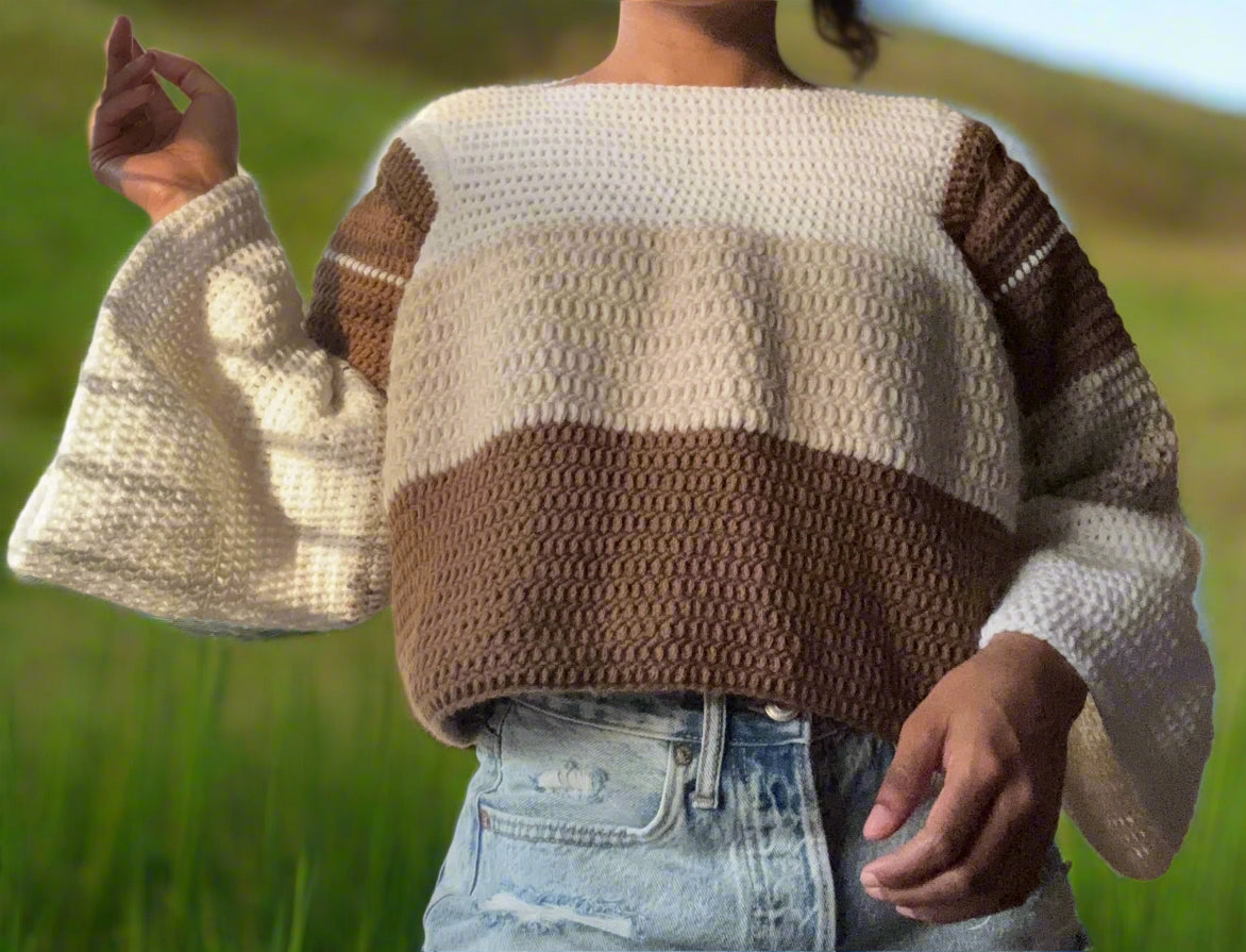 girl wearing a color-block sweater. the neckline begins with white, then turns to beige, then brown on the body of the sweater. The sleeves descend from brown to beige to white. 