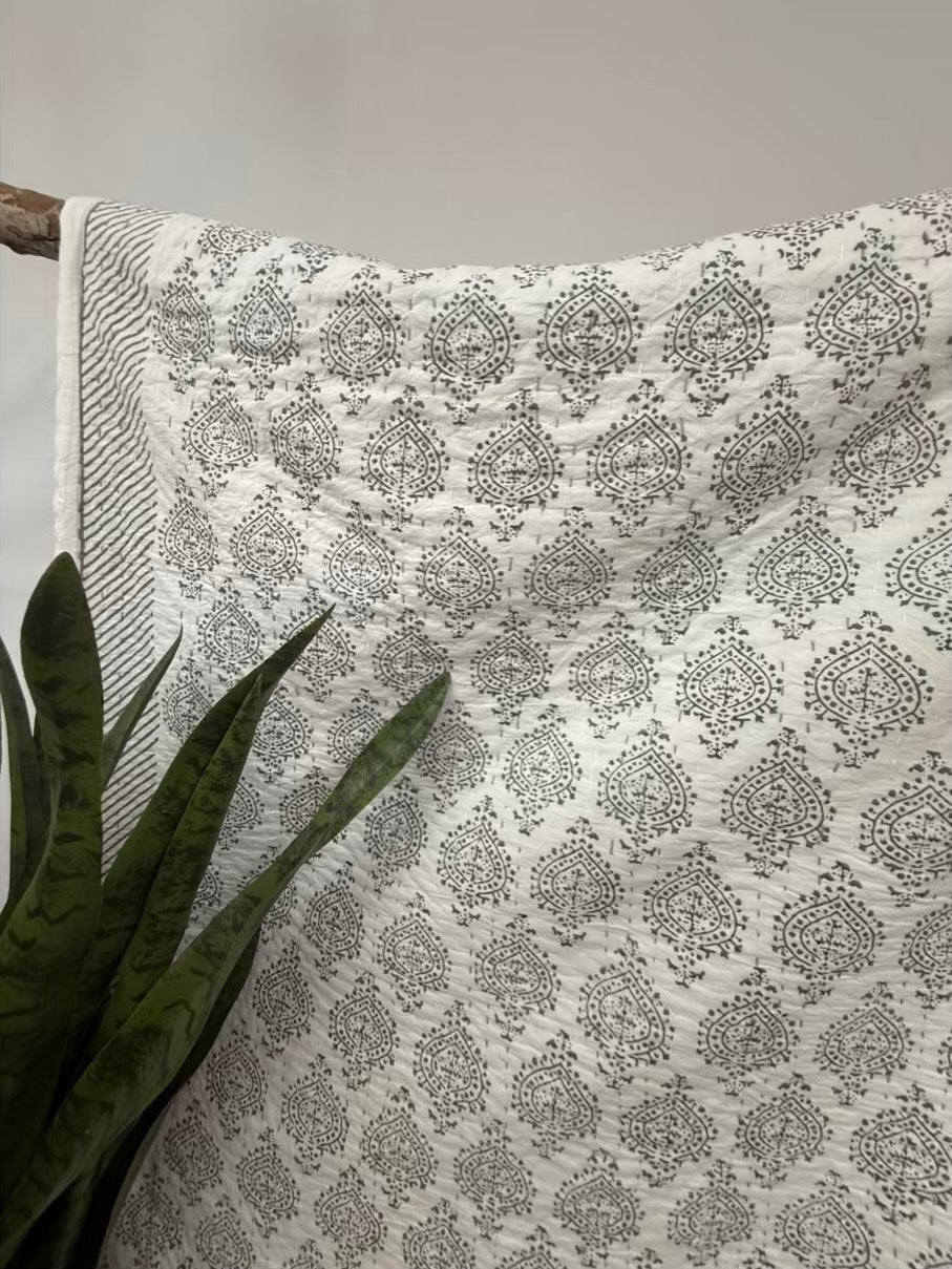 Kantha Love - Midnight Spades Block Print Cotton Kantha Quilt