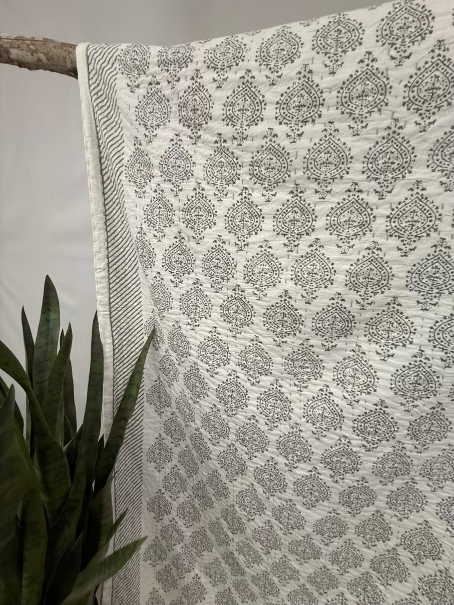 Kantha Love - Midnight Spades Block Print Cotton Kantha Quilt