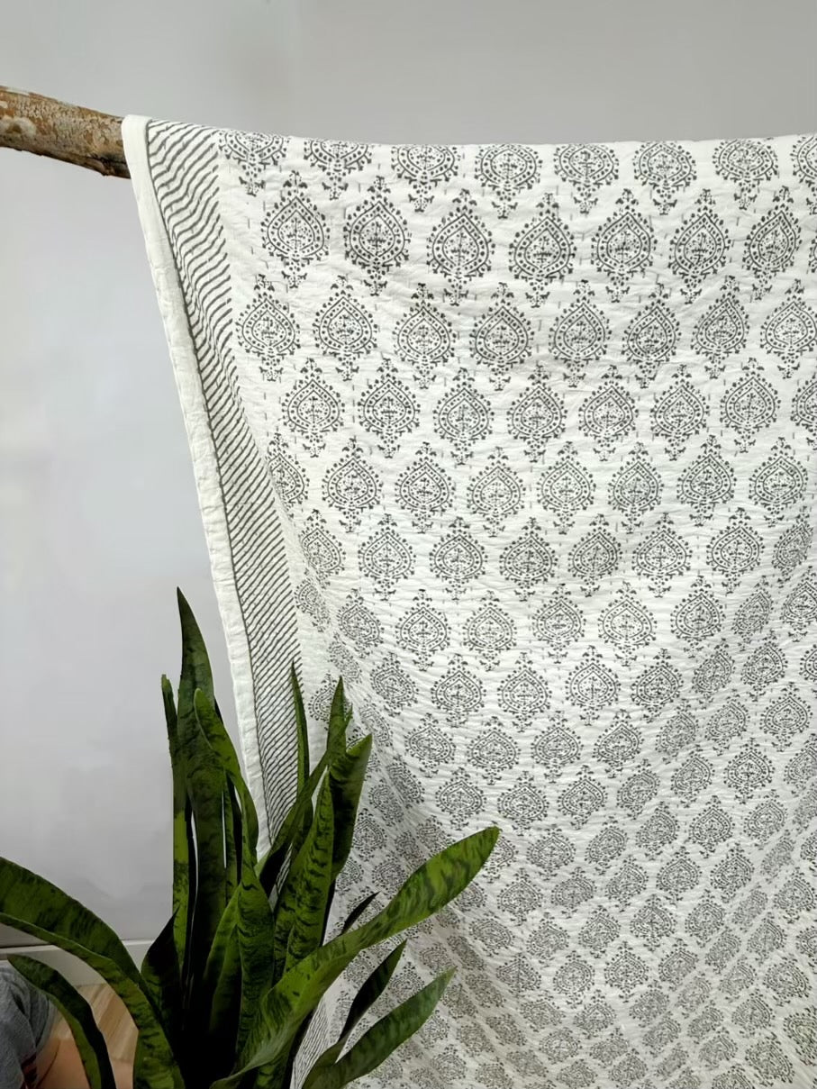 Kantha Love - Midnight Spades Block Print Cotton Kantha Quilt