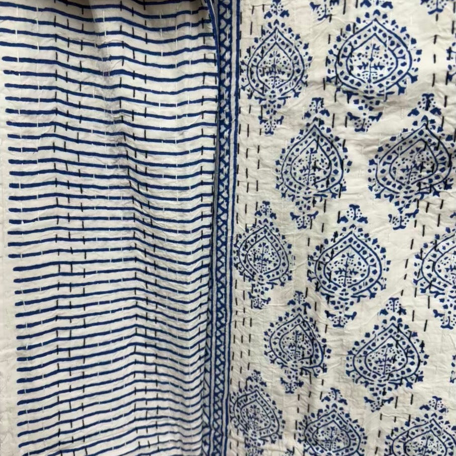 Indigo Spades Block Print Cotton Kantha Quilt