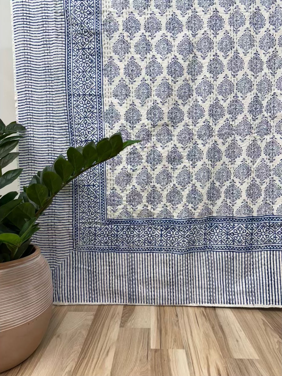 Indigo Spades Block Print Cotton Kantha Quilt