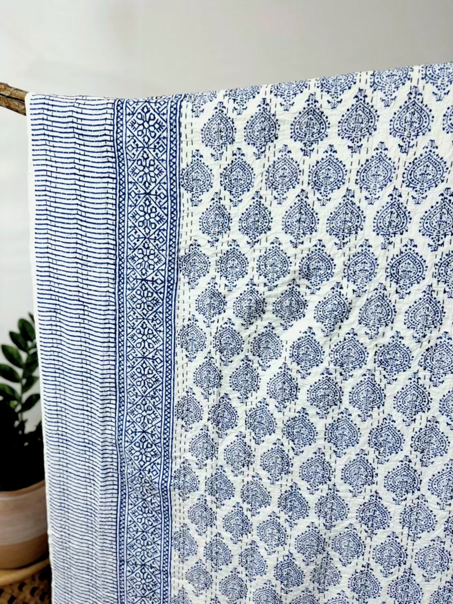Indigo Spades Block Print Cotton Kantha Quilt