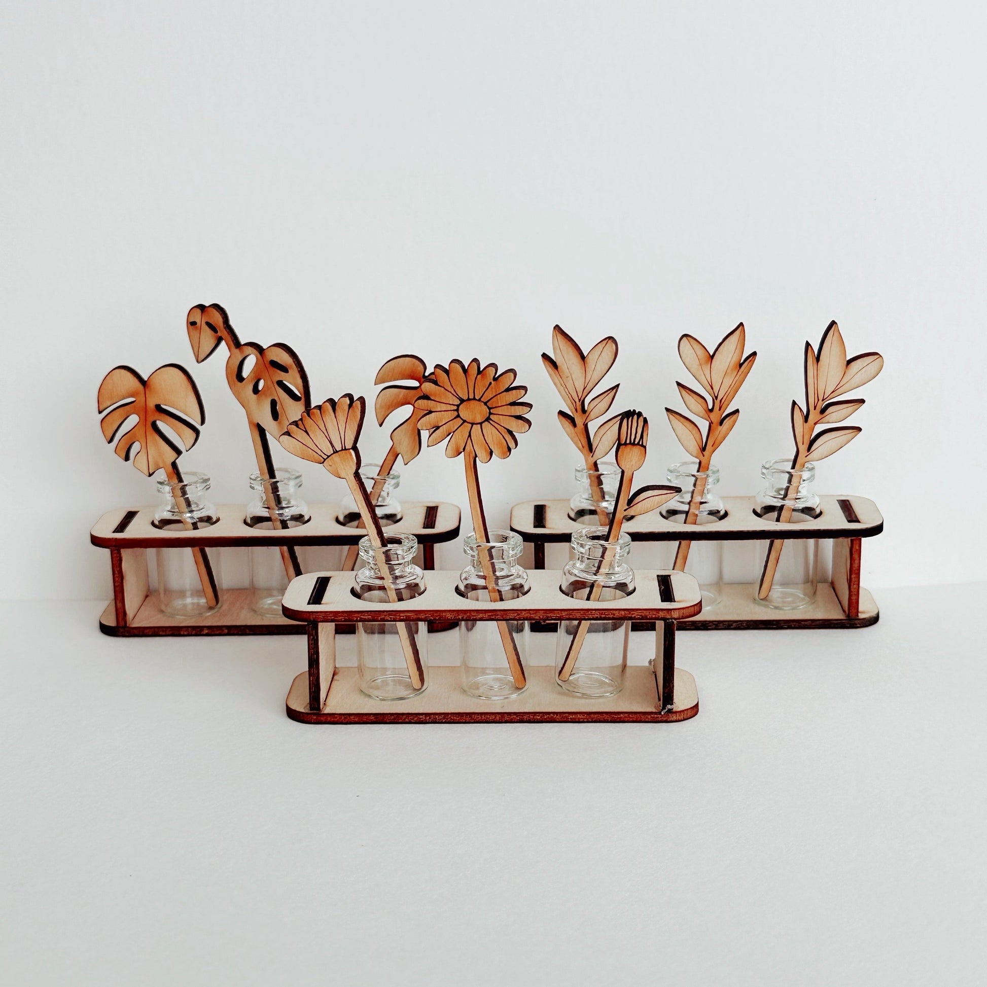 Set of wooden plant stands with glass vases on a white background
