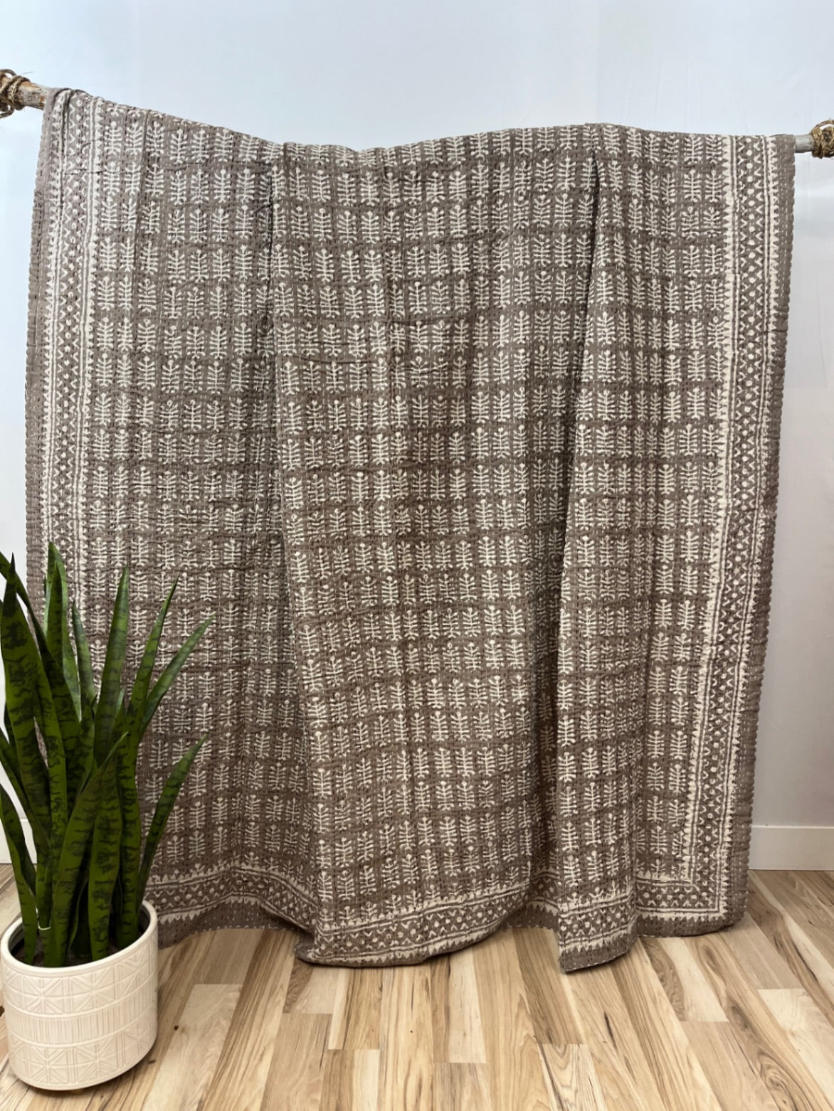 Tan Trilobites Block Print Cotton Kantha Quilt
