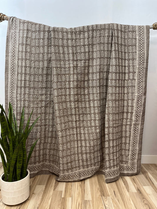 Kantha Love - Tan Trilobites Block Print Cotton Kantha Quilt