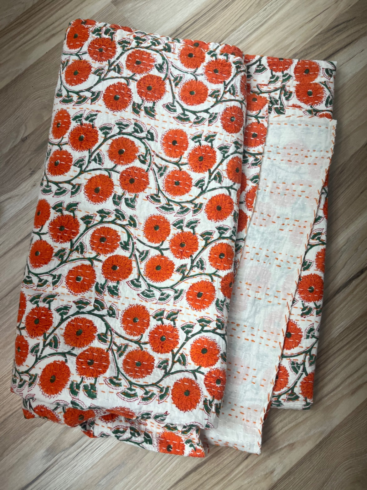 Kantha Love - Orange Poppies Block Print Cotton Kantha Quilt