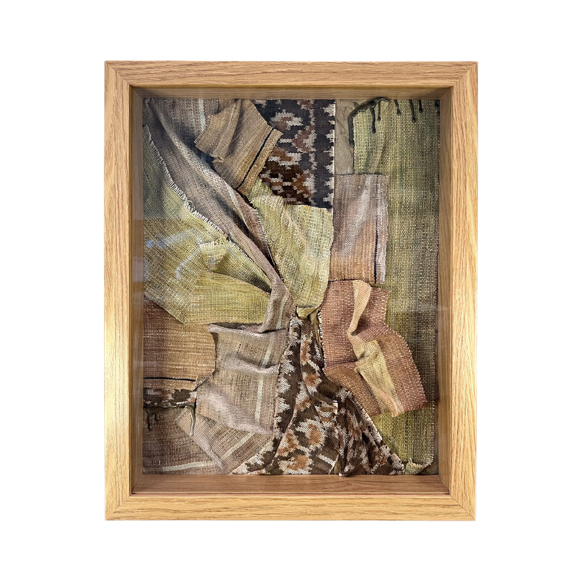 Framed textile art with a wooden frame on a white background