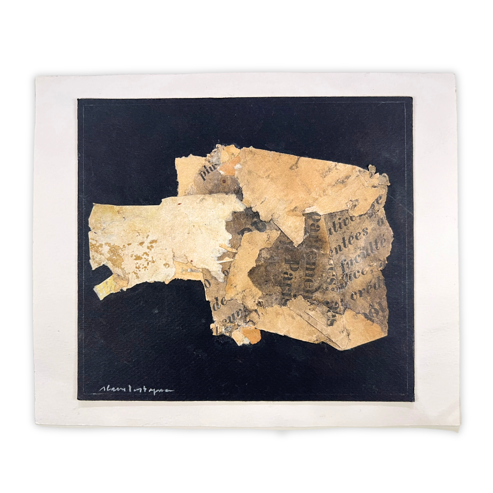 Framed artwork with torn pieces of paper on a dark background