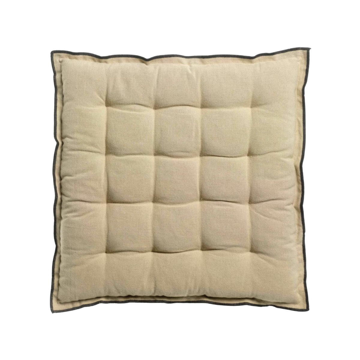Beige quilted square cushion on a white background