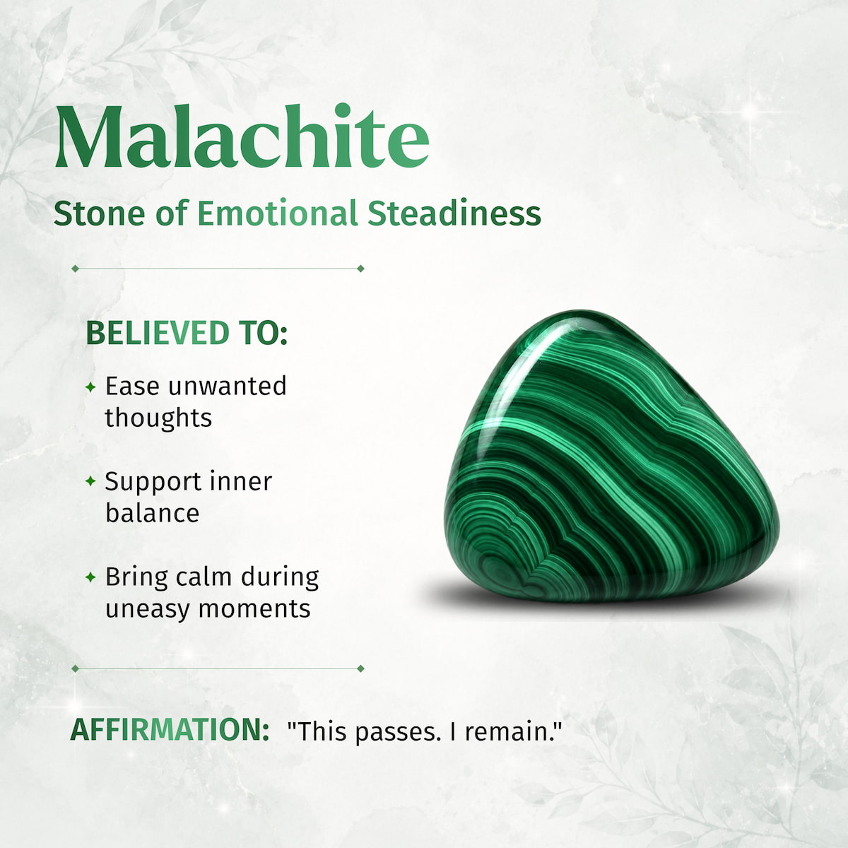 A polished green malachite stone shown on a light textured background with text describing it as the 'Stone of Emotional Steadiness,' listing believed qualities and an affirmation.