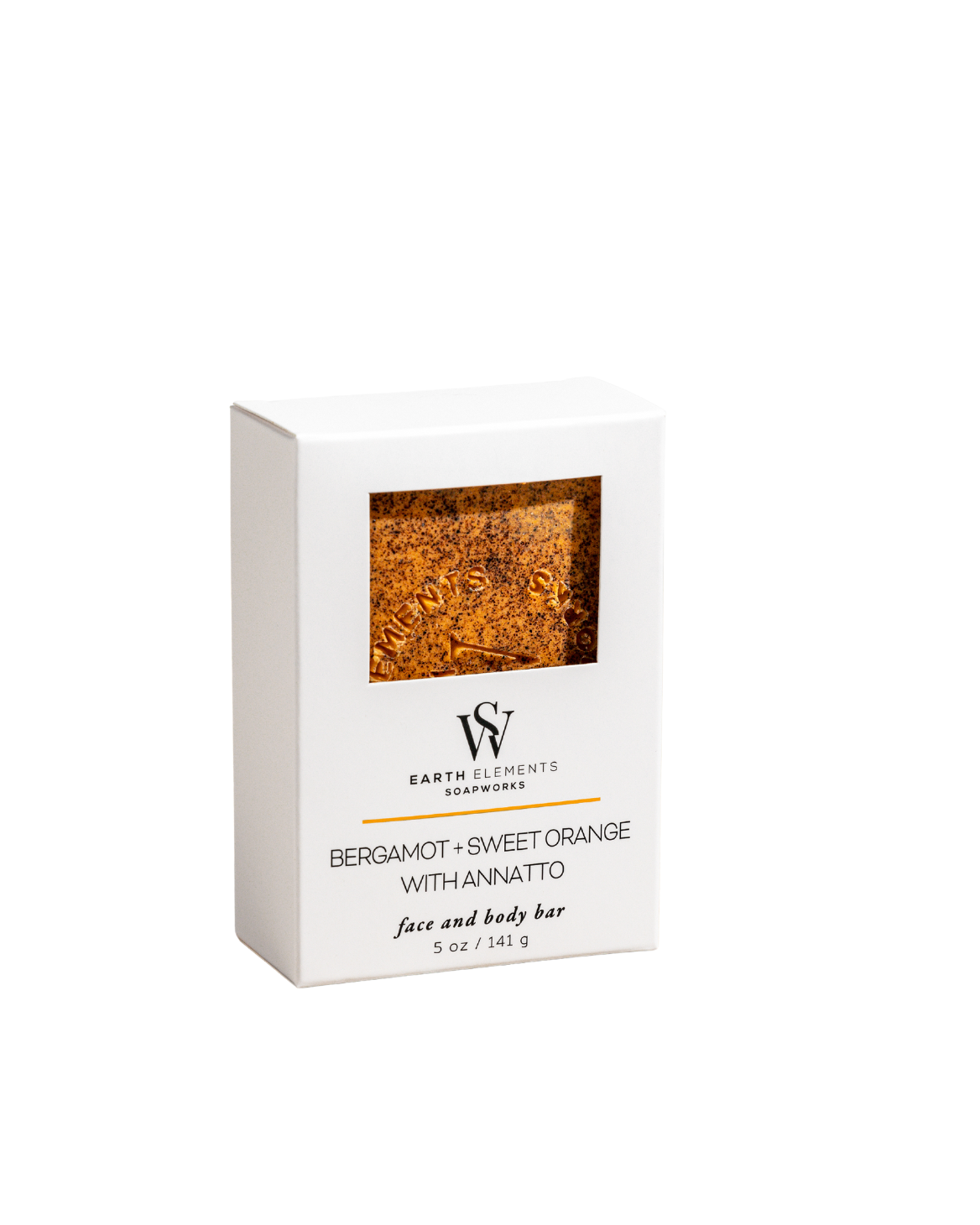 Soap bar packaging with 'Earth Elements Soapworks' branding on a white background