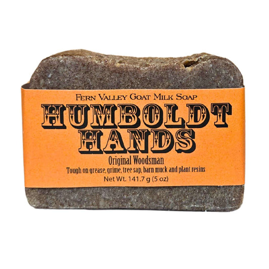Bar of soap with 'Humboldt Hands' label on an orange background