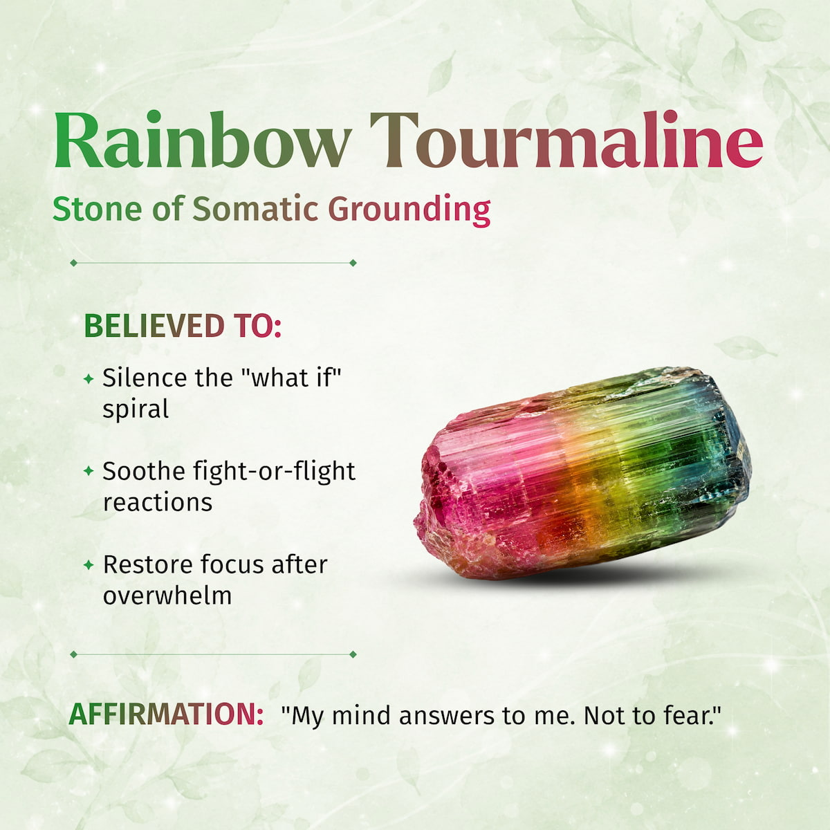 Rainbow tourmaline stone with its properties on a light green background
