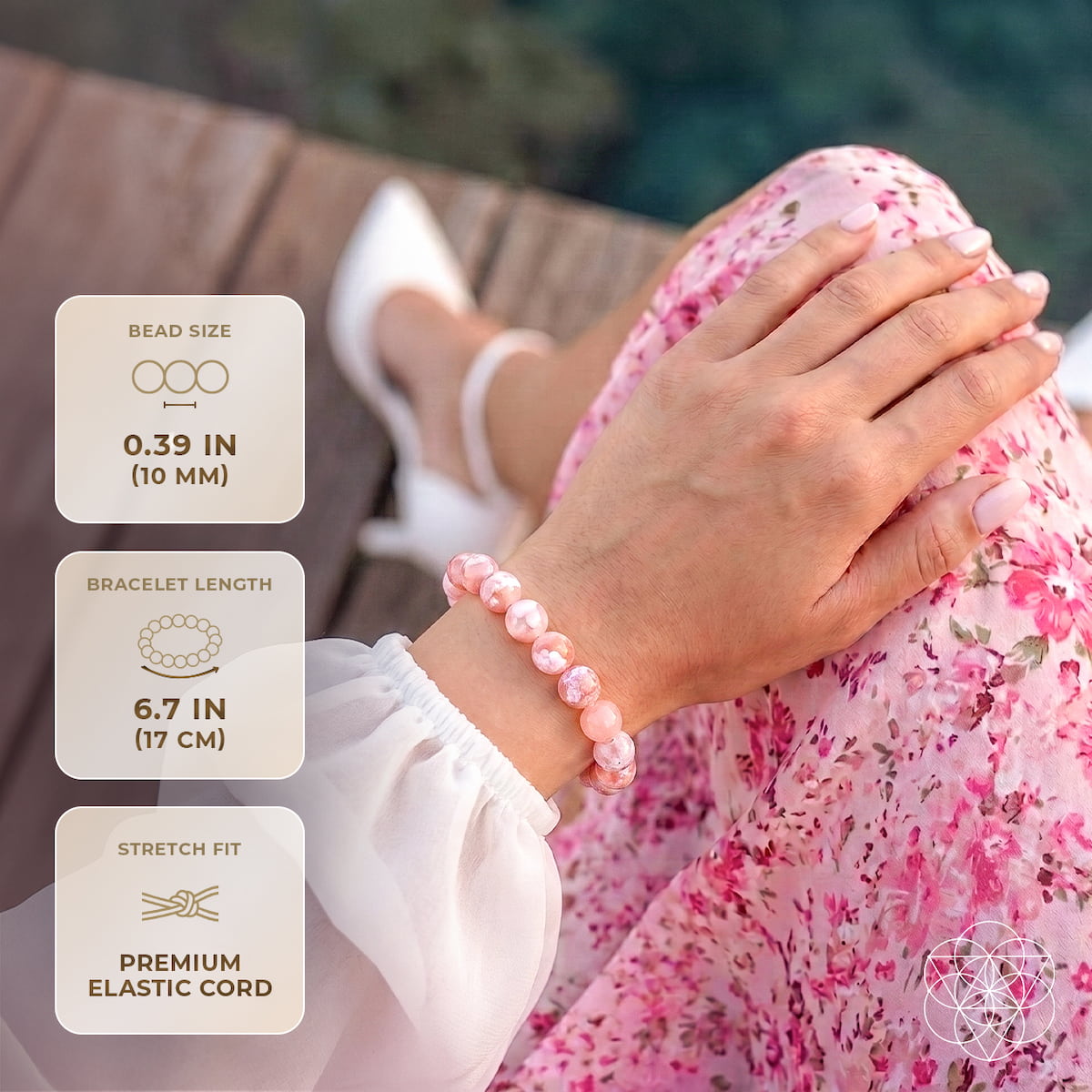 A person wearing a pink beaded bracelet on their wrist, seated on a wooden deck with their legs crossed. The image includes three informational text boxes on the left detailing bead size (0.