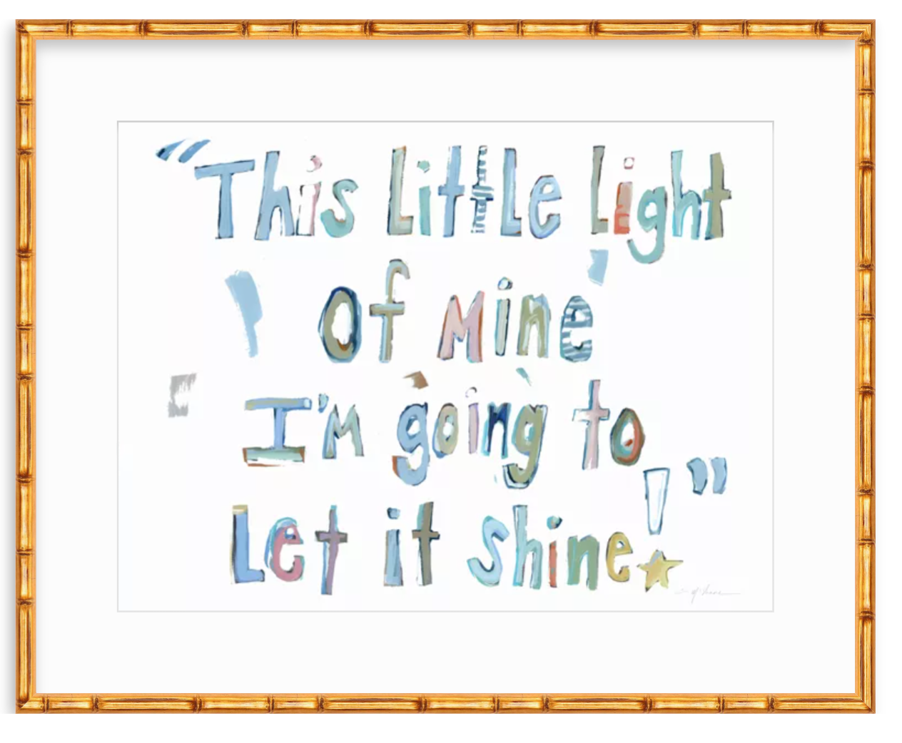 Framed watercolor art print featuring the quote 'This little light of mine I'm going to let it shine!' in multicolored hand-lettered text on a white background, enclosed in a gold bamboo-style frame.