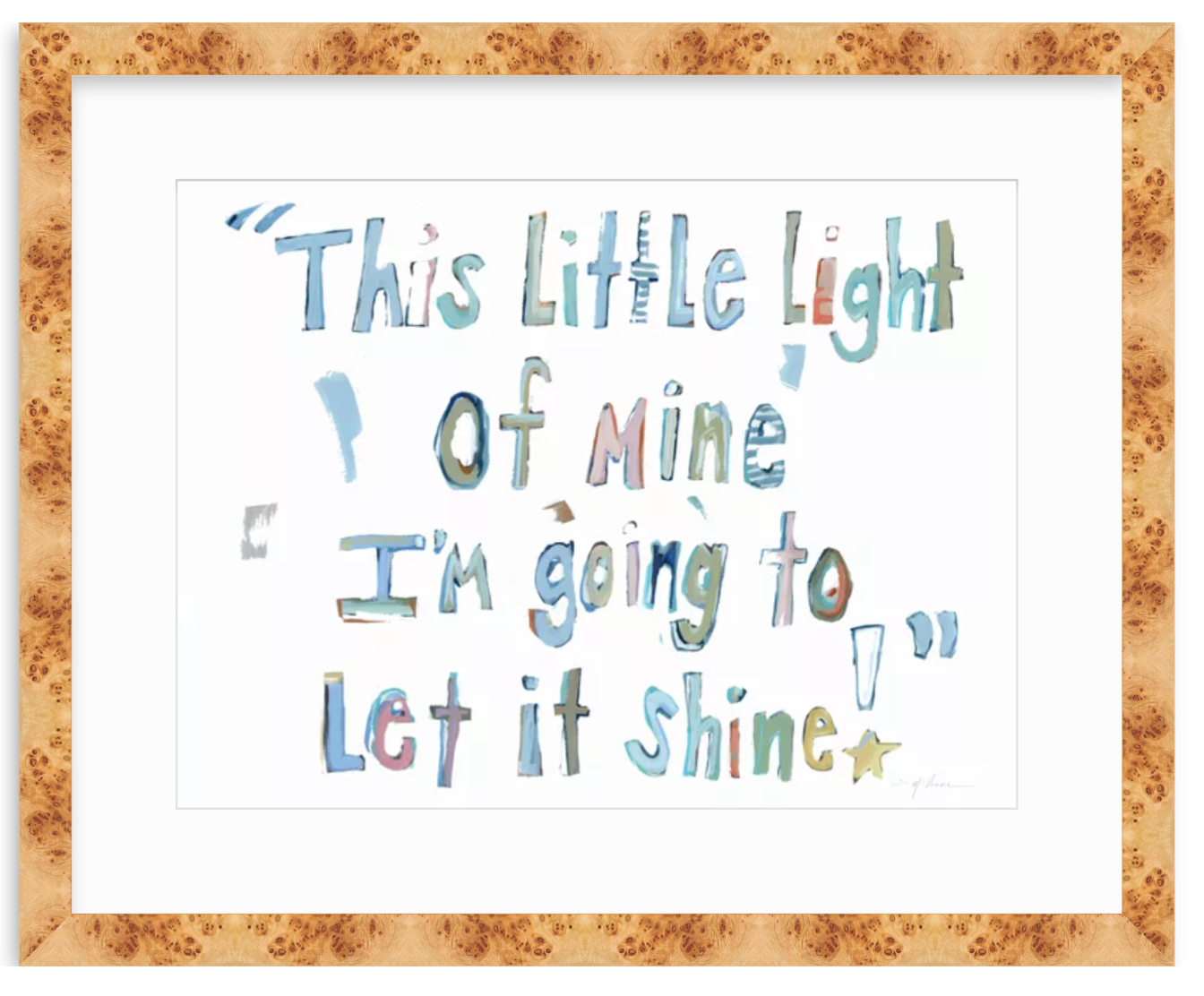 Framed typographic wall art featuring the quote “This Little Light of Mine I’m going to Let it Shine” in pastel blue, green, and purple lettering on a white background, surrounded by a natural wood frame.