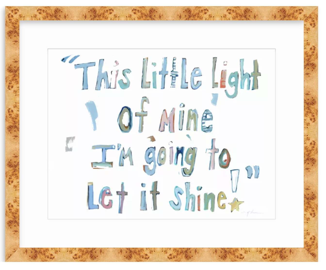 Framed typographic wall art featuring the quote “This Little Light of Mine I’m going to Let it Shine” in pastel blue, green, and purple lettering on a white background, surrounded by a natural wood frame.