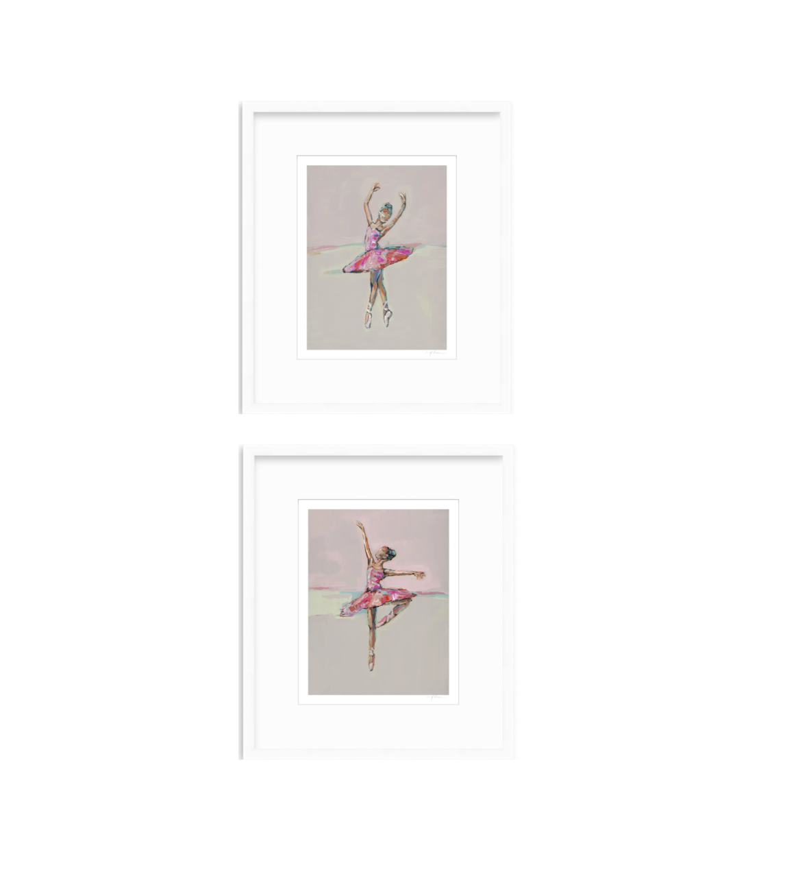 Two framed art prints featuring sketches of a ballerina in a pink tutu on a light gray background