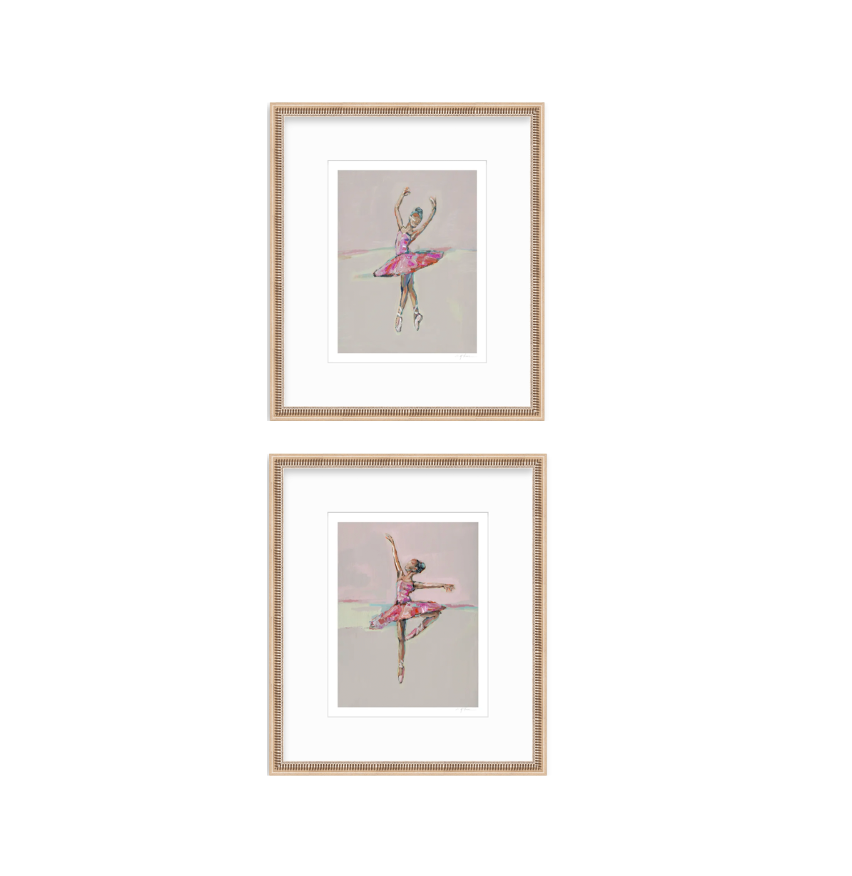 Two framed art prints featuring watercolor ballerina illustrations, stacked vertically on a white background.