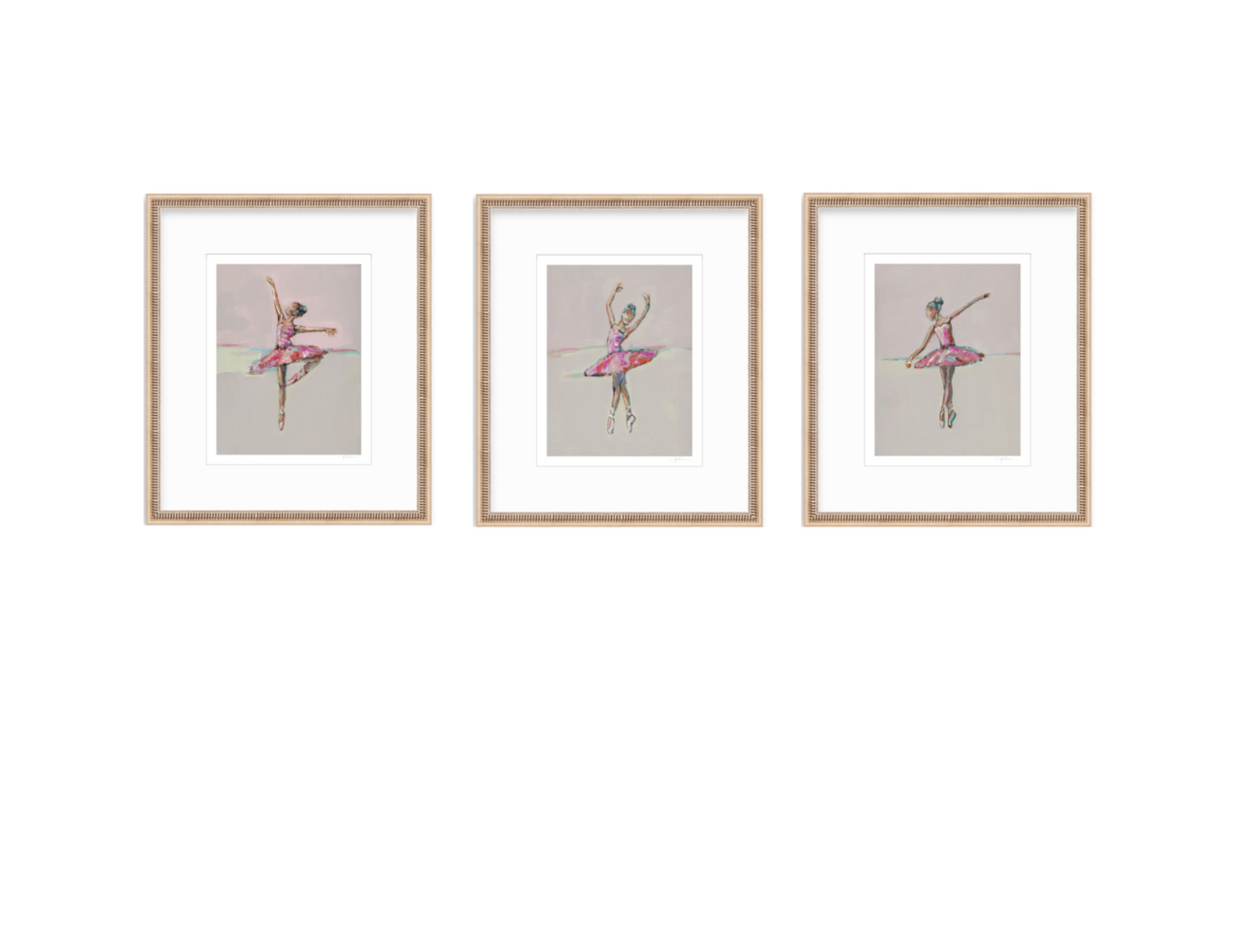 Three framed art prints of ballerinas in pink tutus, arranged side by side on a white background.