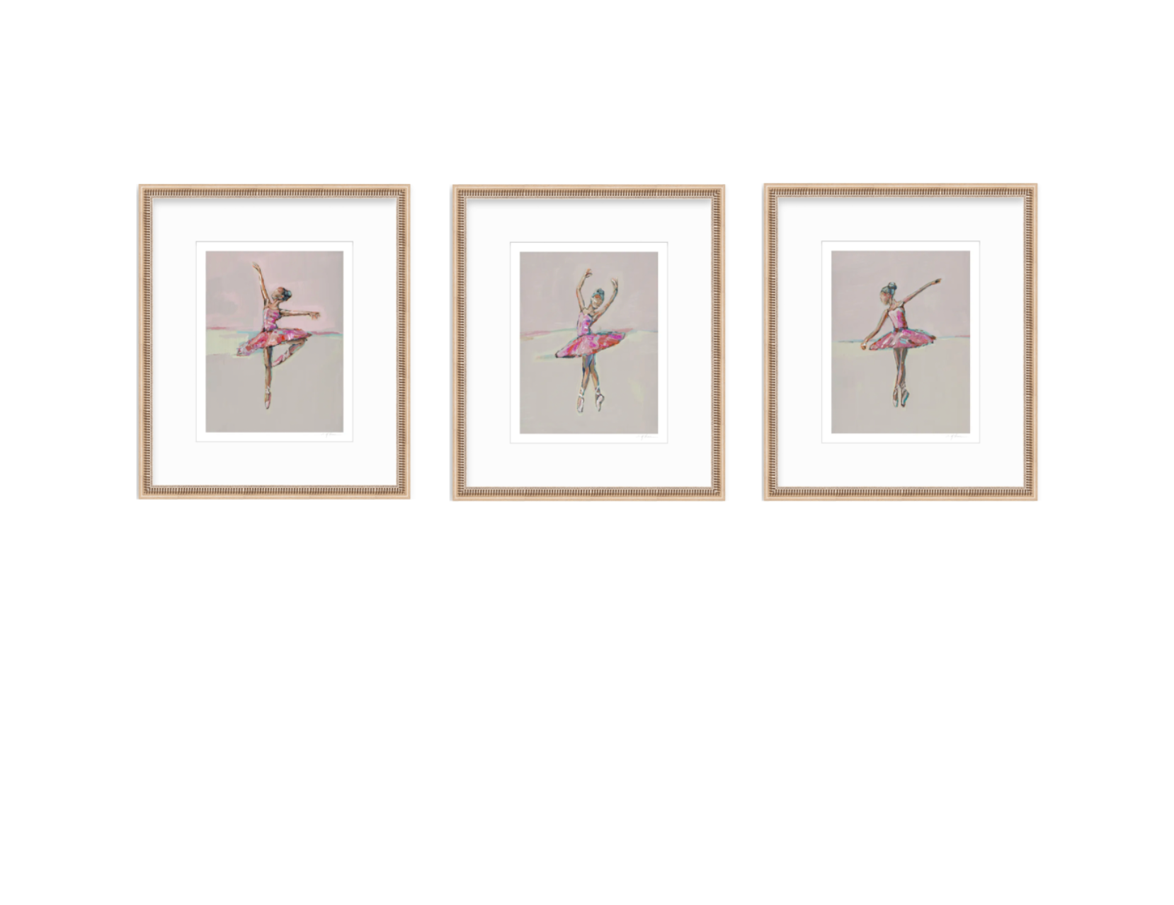 Three framed art prints of ballerinas in pink tutus, arranged side by side on a white background.