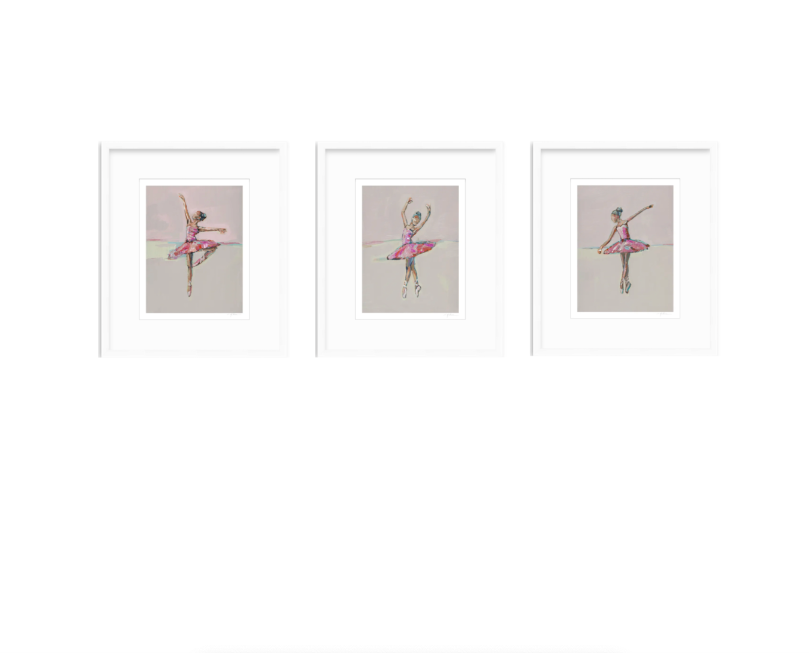 Three framed art prints featuring pastel drawings of ballerinas in pink tutus, arranged side by side on a white background.