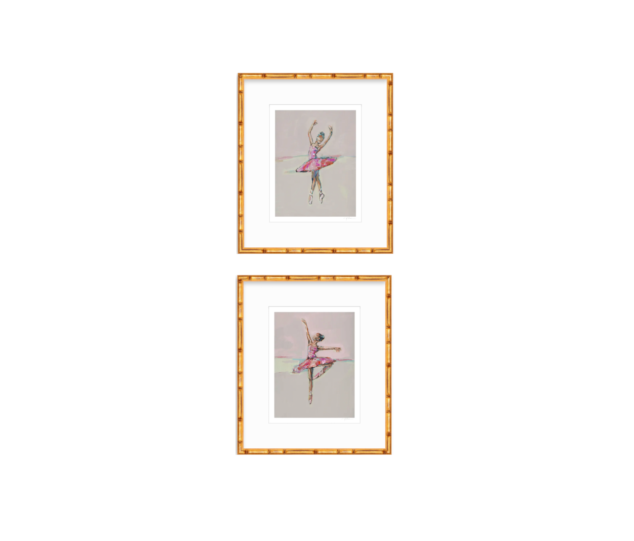 Two framed art prints featuring watercolor illustrations of ballerinas, arranged vertically on a white background. The frames are light wood with a gold-toned beaded border, and each print has a white mat.