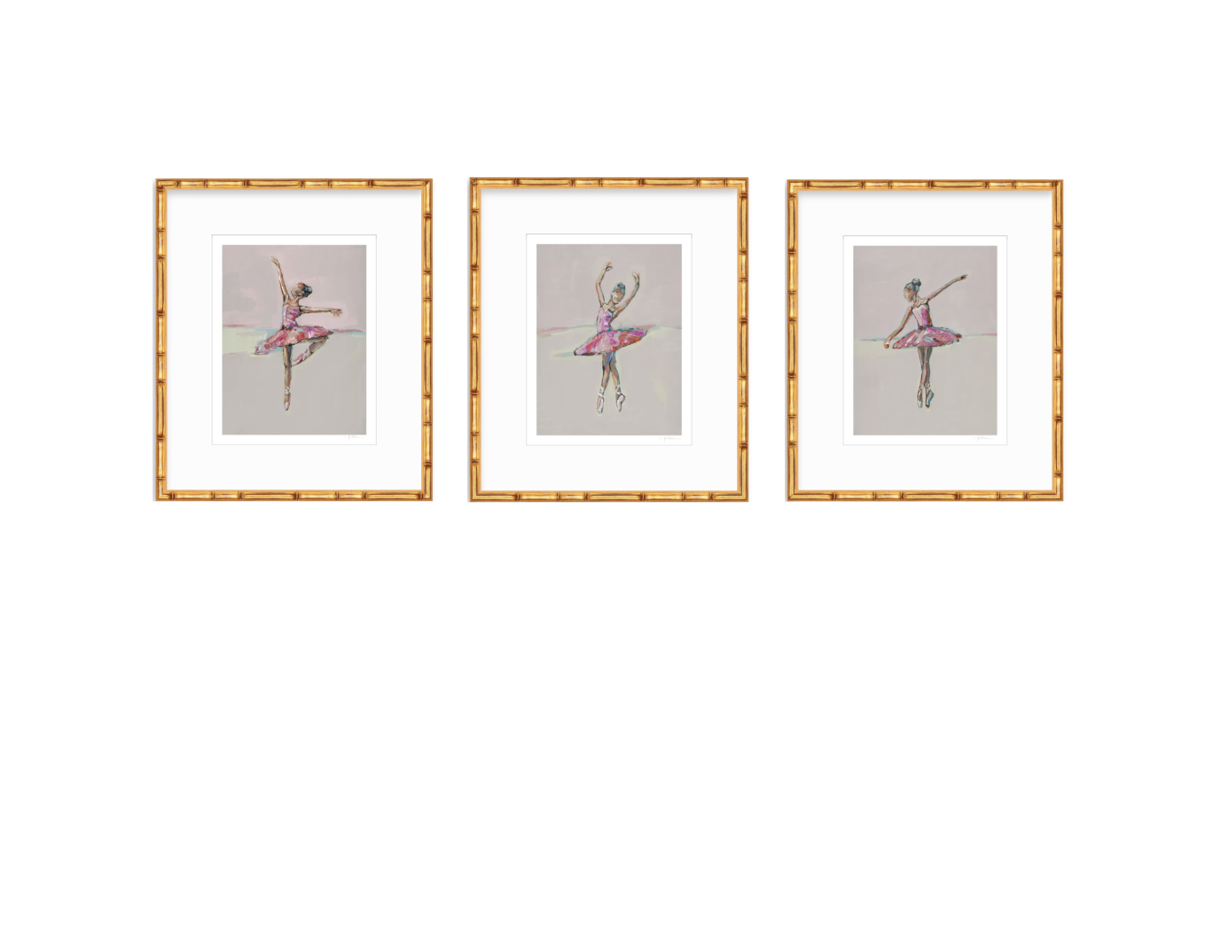Three framed art prints featuring watercolor-style ballerina illustrations in pink tutus on a light gray background, arranged side by side with white matting and gold-toned frames.