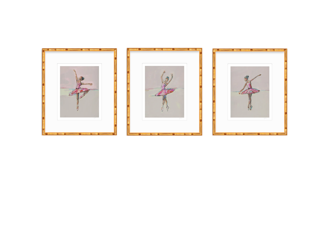 Three framed art prints featuring watercolor-style ballerina illustrations in pink tutus on a light gray background, arranged side by side with white matting and gold-toned frames.