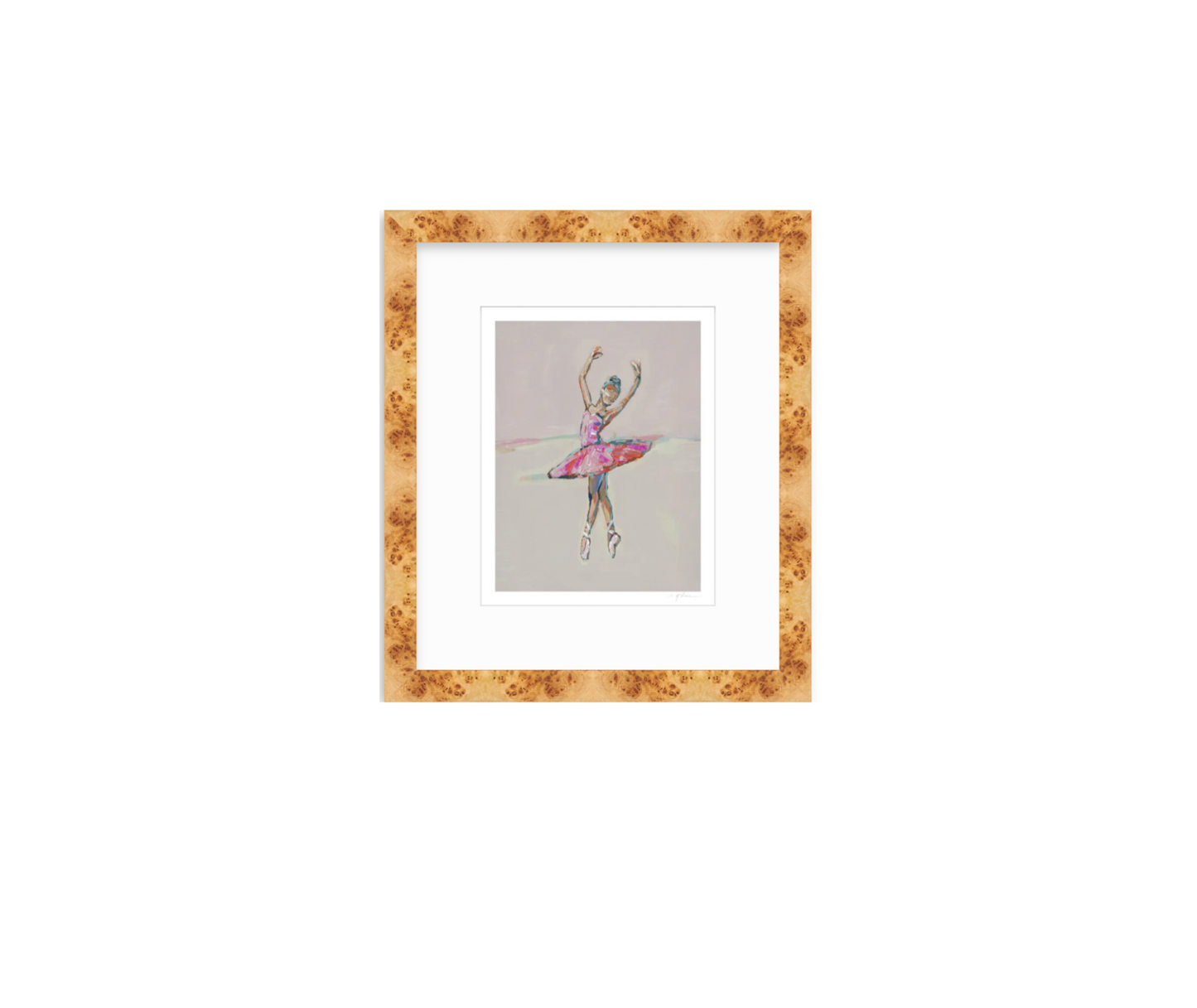 A framed art print featuring a sketch of a ballerina in a pink tutu on a light gray background, surrounded by a white mat and an ornate gold patterned frame.