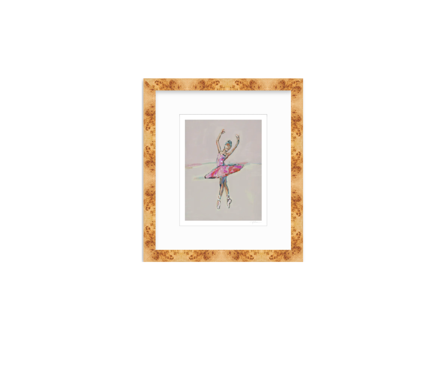 A framed art print featuring a sketch of a ballerina in a pink tutu on a light gray background, surrounded by a white mat and an ornate gold patterned frame.