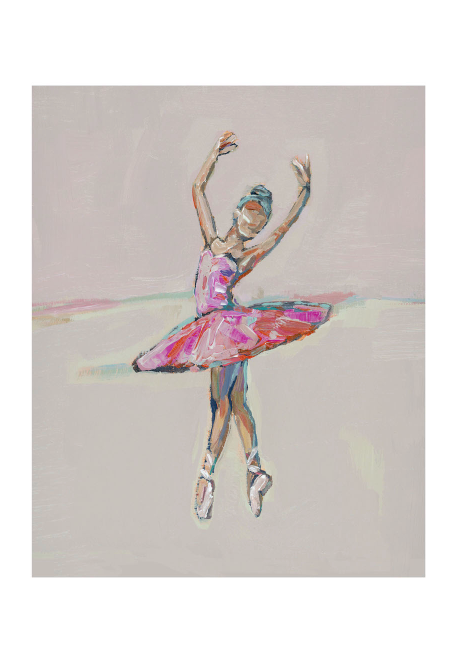 An impressionistic painting of a ballerina in a pink tutu performing a jump pose, set against a muted beige background.