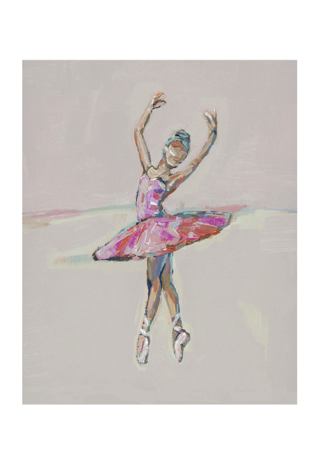 An impressionistic painting of a ballerina in a pink tutu performing a jump pose, set against a muted beige background.