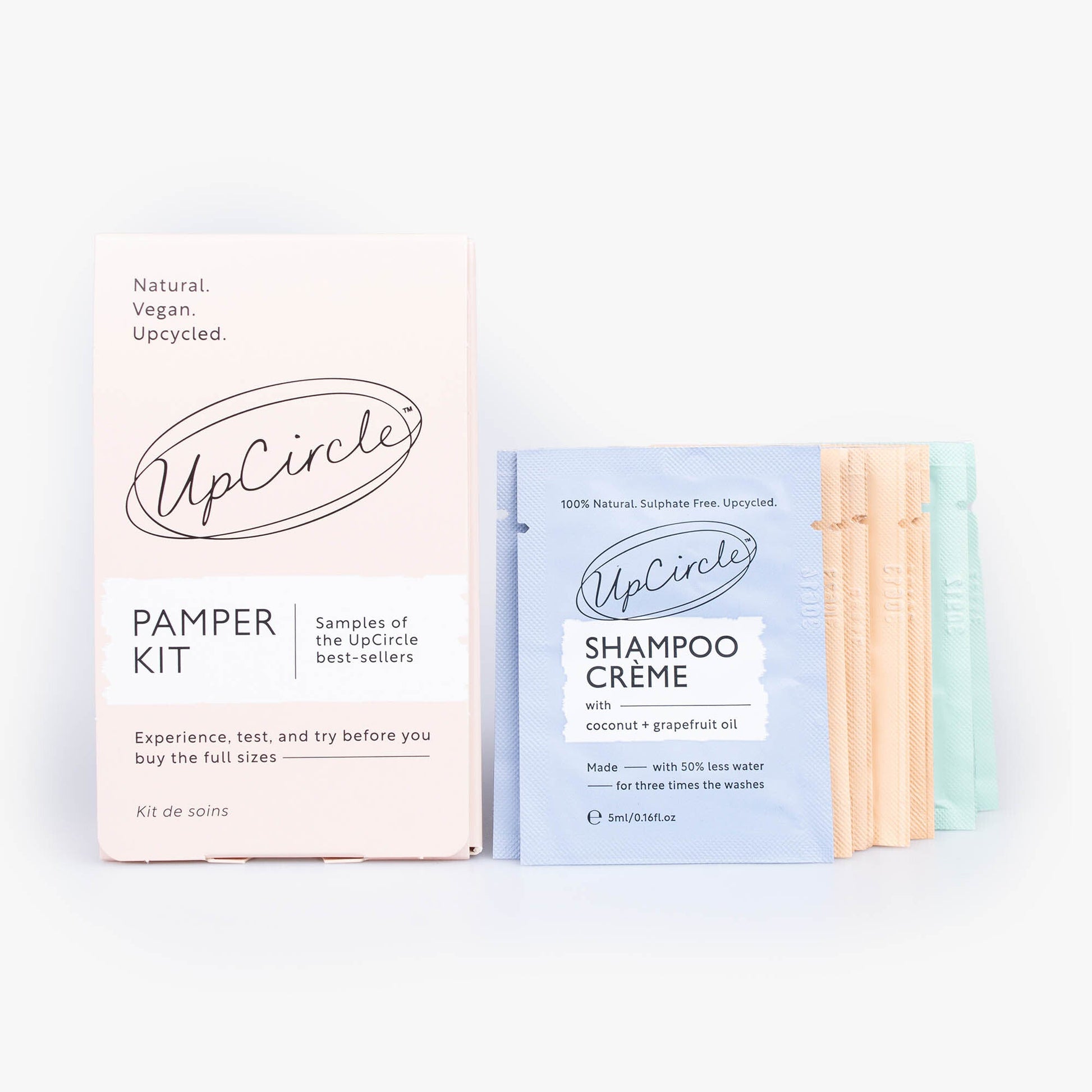 UpCircle Pamper Kit with shampoo crème and packaging on a white background