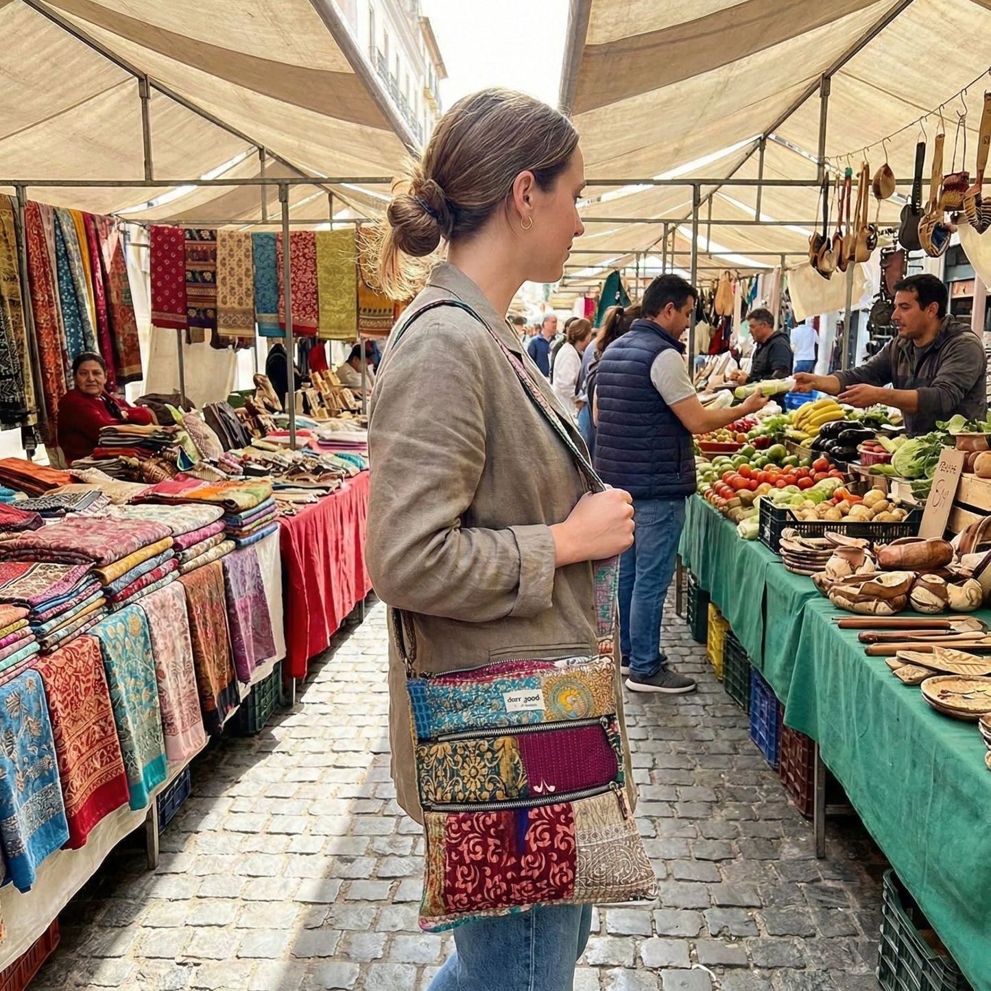 Woman shopping at an outdoor market with colorful fabrics and produce.