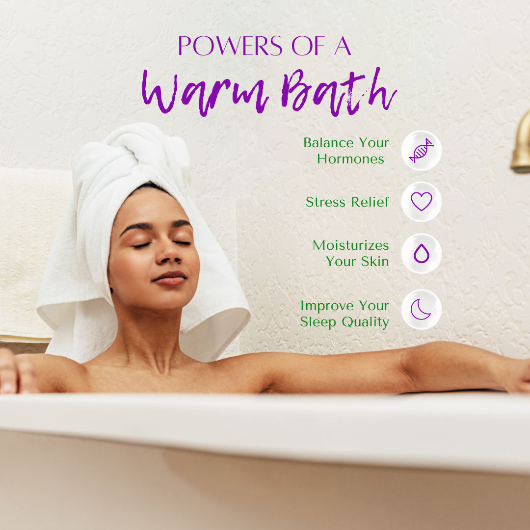 Woman in a bath with text about the powers of a warm bath