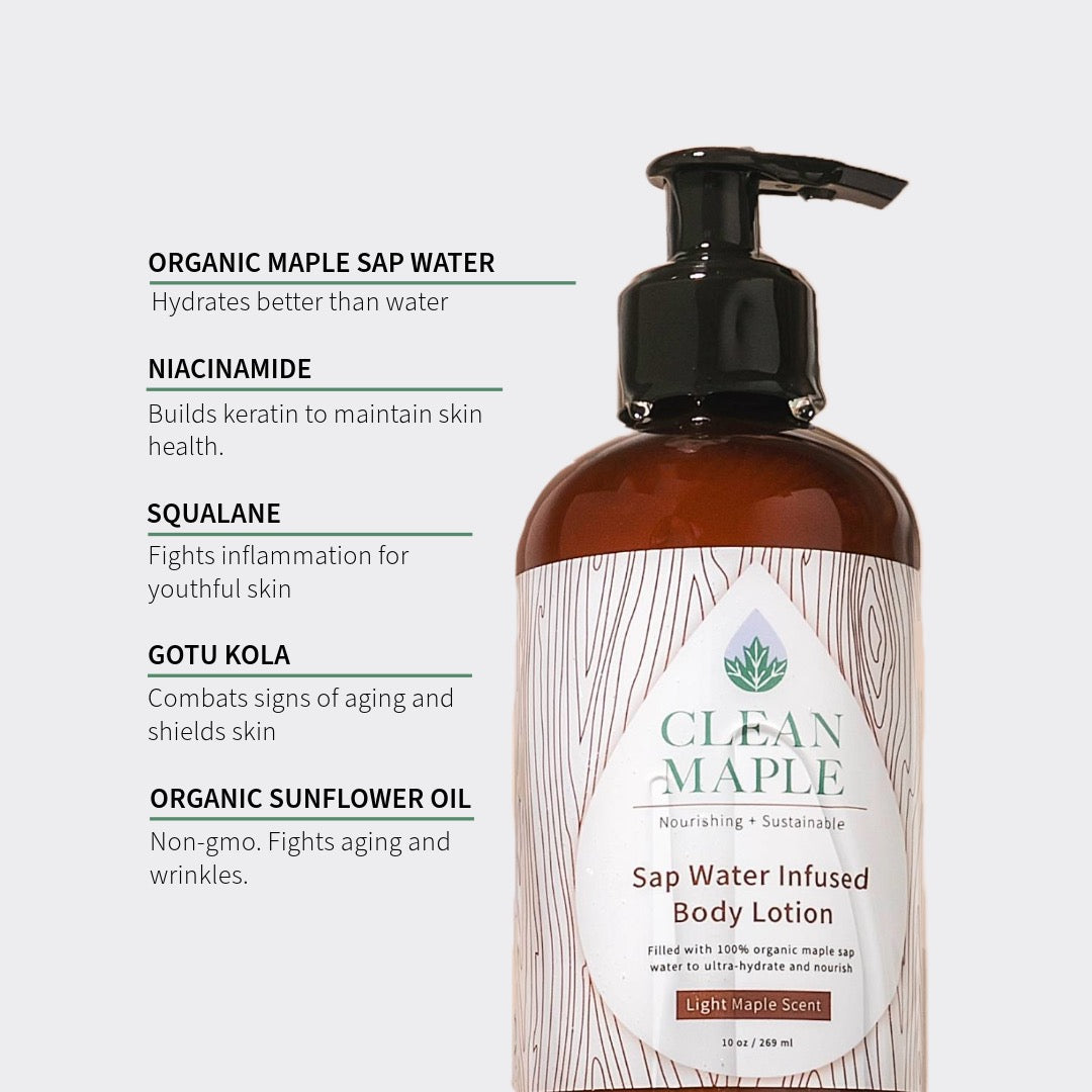 Brown bottle of Clean Maple sap water infused body lotion with label and features listed on a white background.