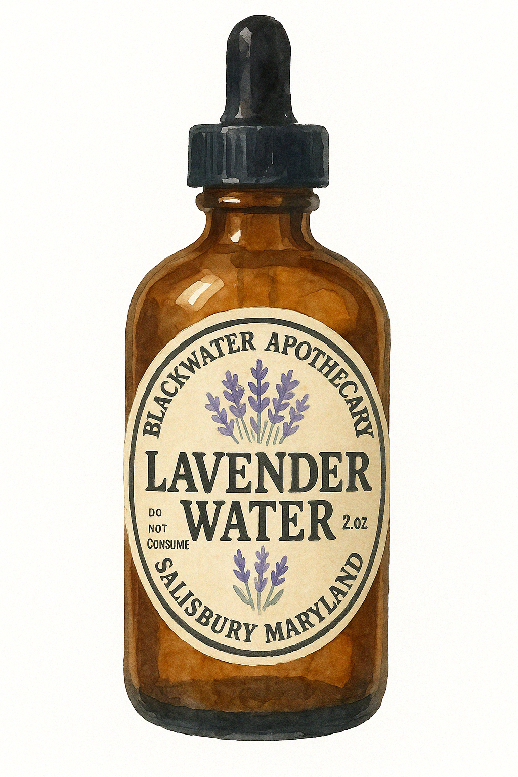 Brown glass bottle labeled 'Lavender Water' from Blackwater Apothecary on a white background