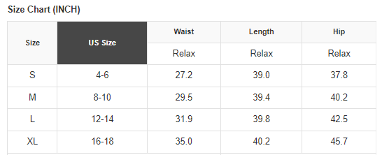 Size chart for clothing measurements in inches with US size labels.