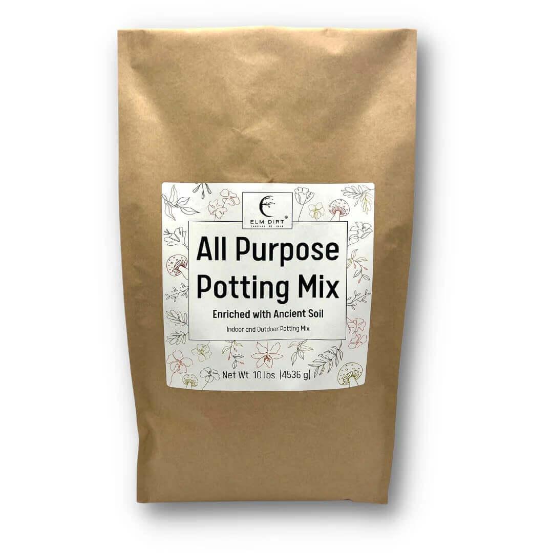 Bag of all-purpose potting mix with a label on a white background