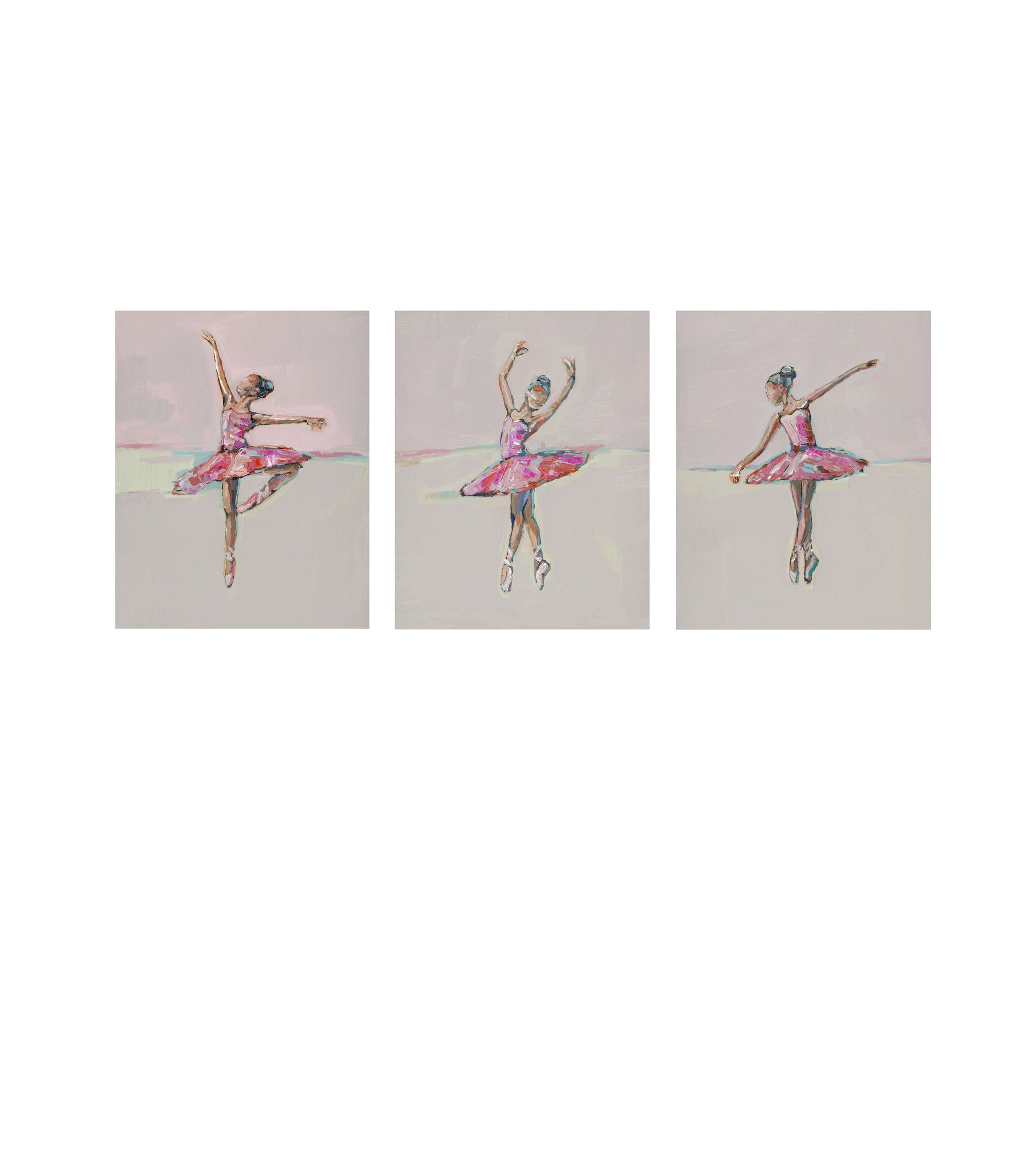 A three-panel wall art set featuring painted ballerinas in pink tutus on a soft neutral background.