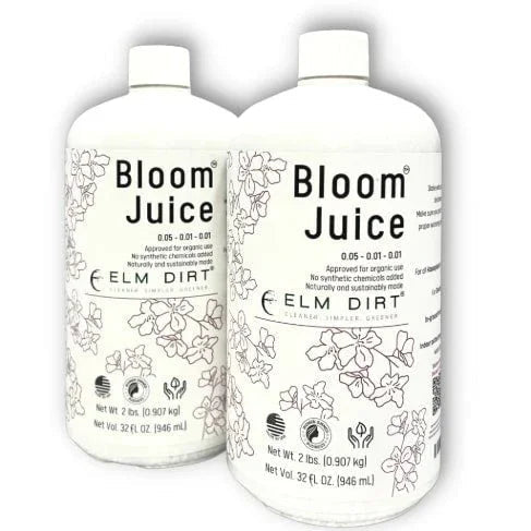 Two bottles of 'Bloom Juice' by Elm Dirt on a white background