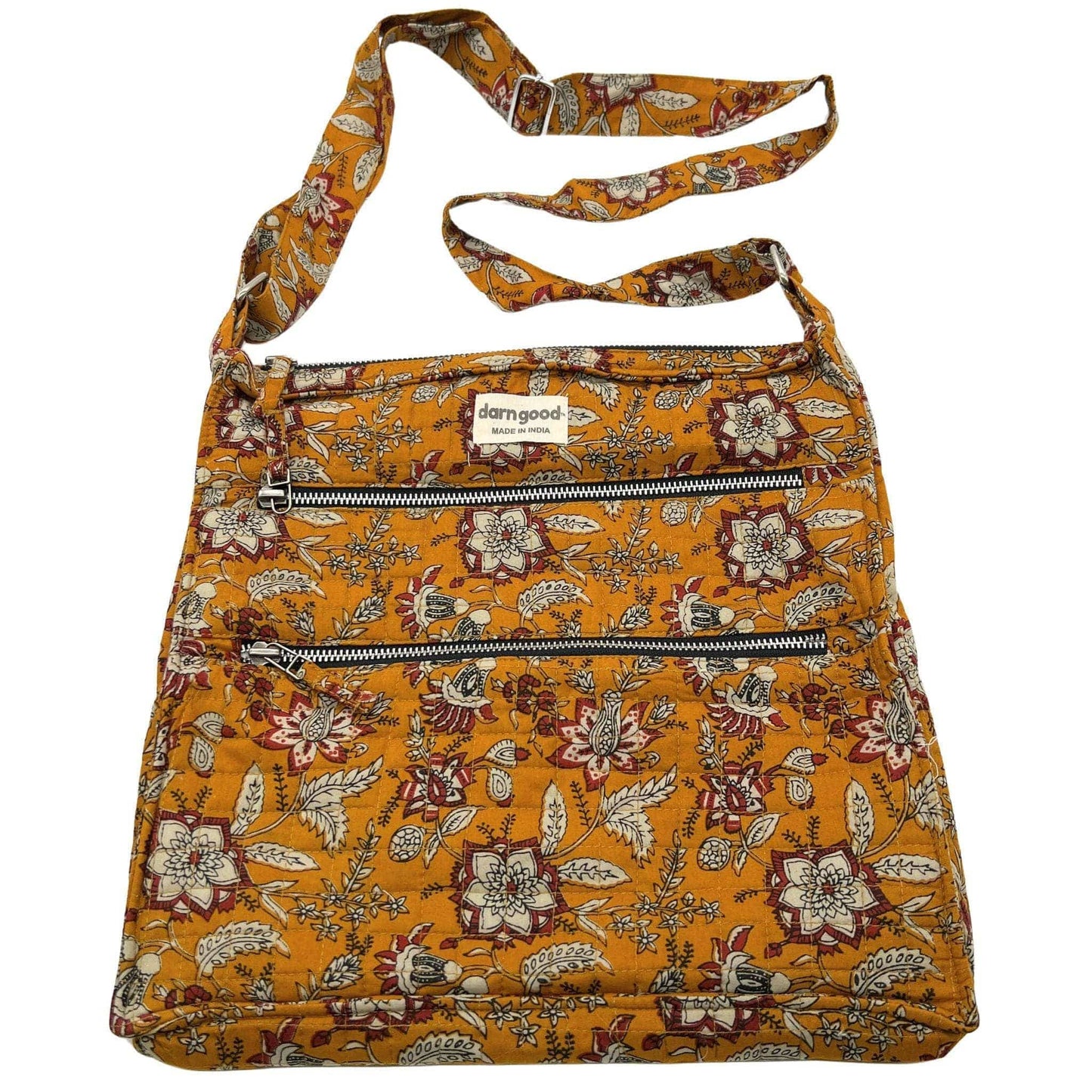 Floral-patterned bag with a visible brand label on a white background