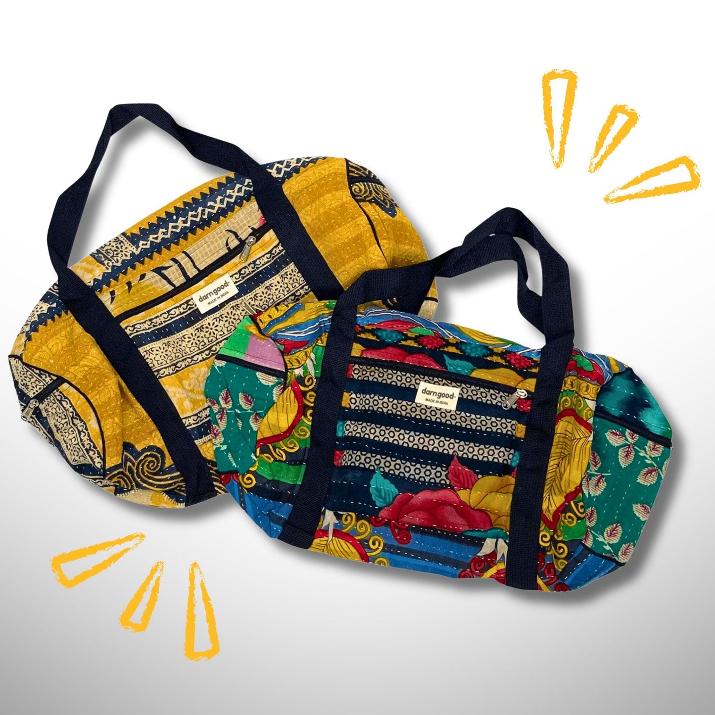 Two colorful bags with intricate patterns on a light gray background