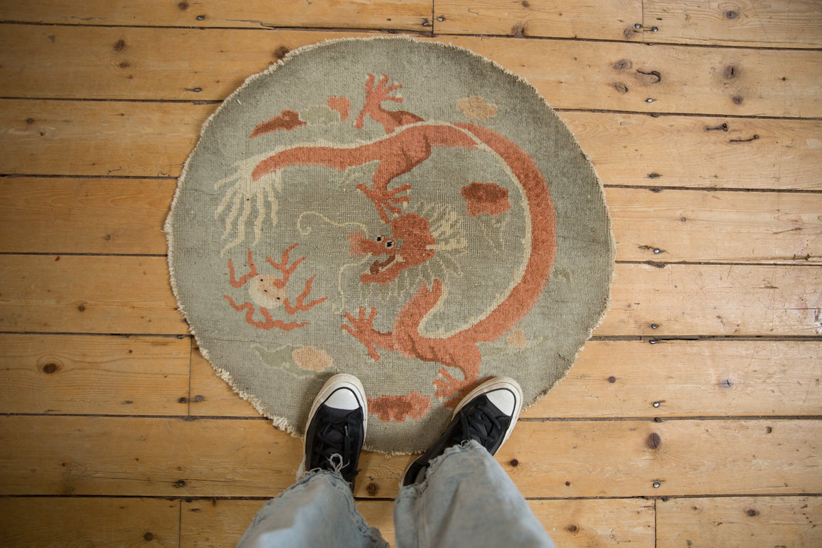 Round rug with a dragon design on a wooden floor, person wearing black shoes and gray pants standing on it.