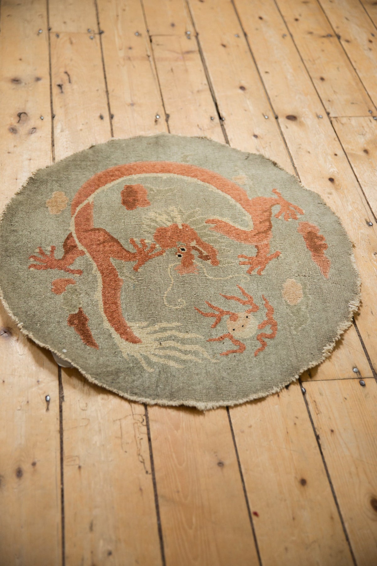 Round rug with a dragon design on a wooden floor