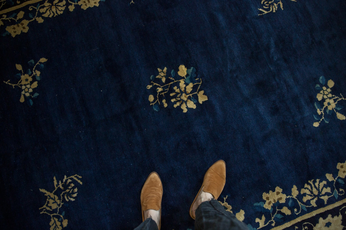 Blue patterned rug with feet wearing brown shoes at the bottom