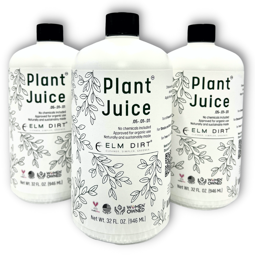 Three bottles of Plant Juice Elm Dirt on a white background